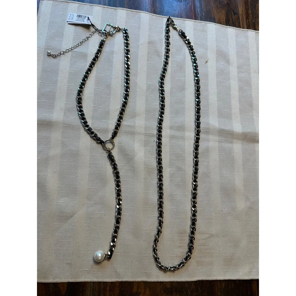 White House Black Market Leather Chain Pearl Lariat Necklace Set Silver Black